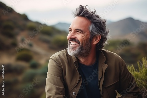 Portrait of a happy mature man smiling at the camera in the mountains