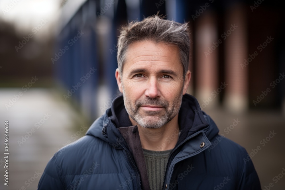 Portrait of a handsome middle-aged man with gray hair wearing a blue down jacket. Portrait of a handsome middle-aged man with gray hair wearing a blue down jacket.