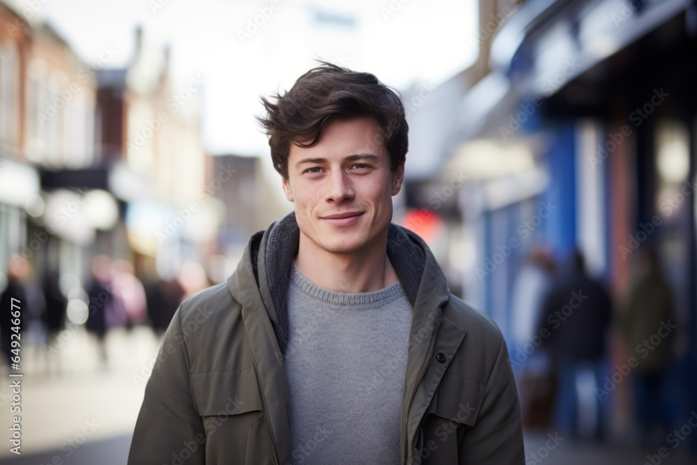 Fototapeta premium Portrait of a handsome young man in a city street. Shallow depth of field