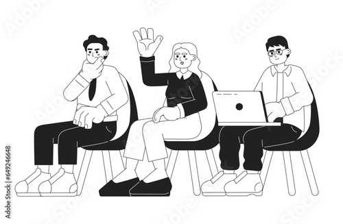 Participating in seminar black and white cartoon flat illustration. Diverse people lecture participants linear 2D characters isolated. Class training course, diversity monochromatic scene vector image