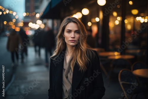 Portrait of a beautiful young woman in a black coat on the street.