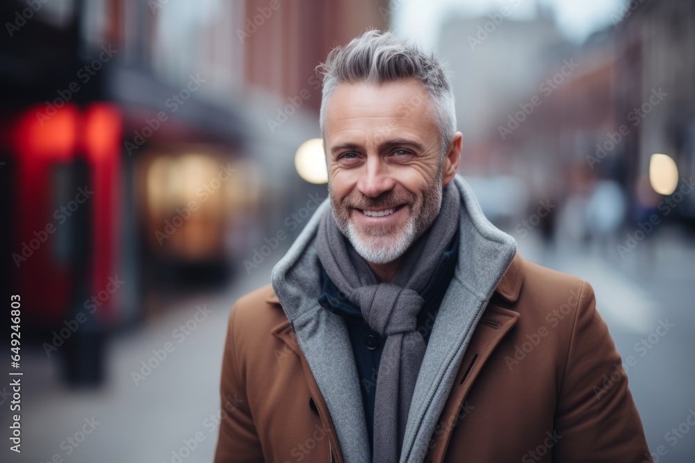 Portrait of a handsome mature man with grey hair wearing coat and scarf in the city. Portrait of a handsome mature man with grey hair wearing coat and scarf in the city.