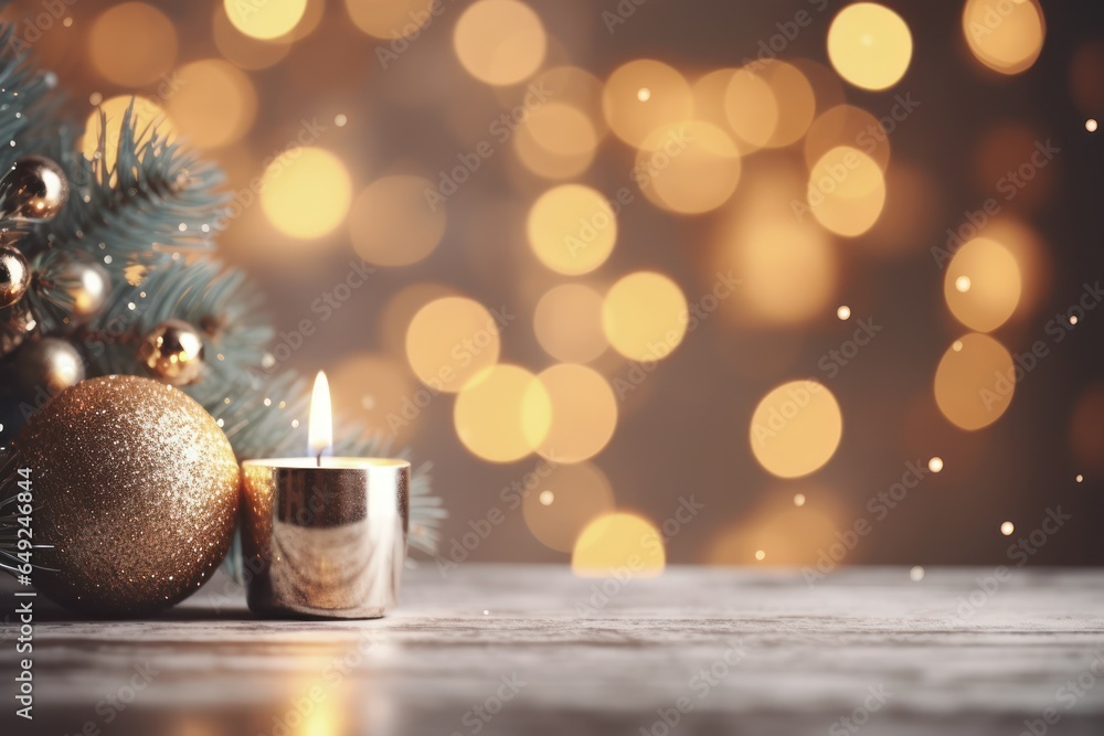 Christmas decoration, Xmas baubles and candle on a wooden table, bokeh lights background, copy space