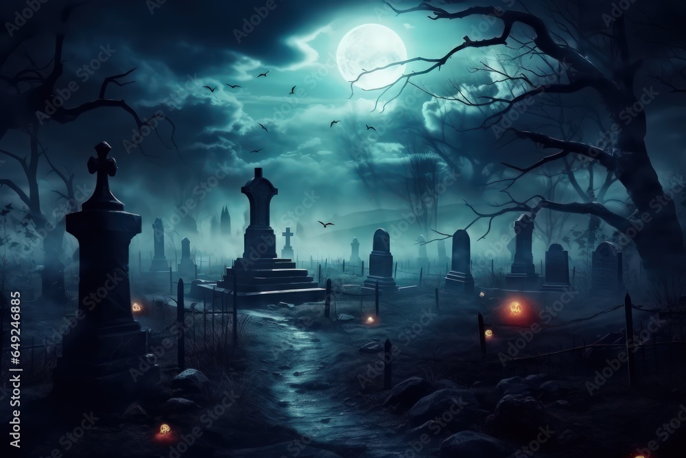 Halloween background - an old rickety tombstones in an abandoned cemetery under the full moon.
