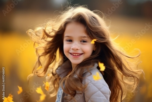Portrait of a beautiful little girl with long hair in autumn park © Learoy