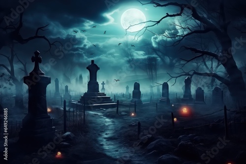 Halloween background - an old rickety tombstones in an abandoned cemetery under the full moon.