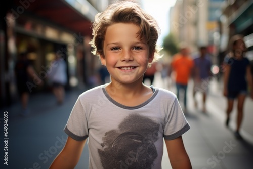 Portrait of a smiling boy in the city. Shallow depth of field.