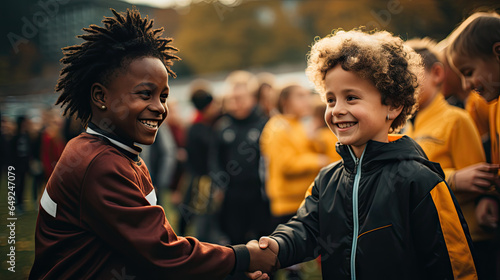 Two children handshaking to each other for joining agreement to compete the sport with crowd background. photo