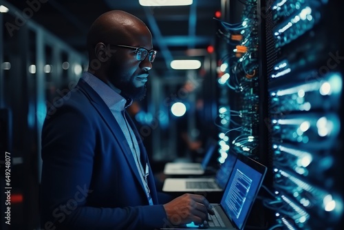A middle aged serious African American man with a laptop stands in the middle of a server room. Collection and storage of large amounts of data. Checks the operation of servers and automation.