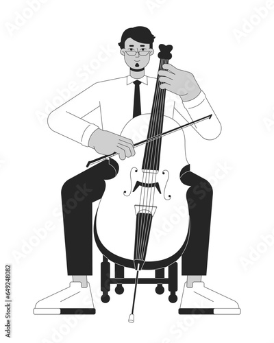 Cello musician black and white cartoon flat illustration. Middle eastern adult man with musical violoncello 2D lineart character isolated. Violoncellist symphony monochrome scene vector outline image