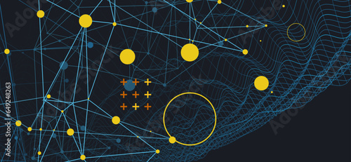 Template for science and technology presentation. Wave style abstract background with plexus effect.