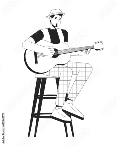 Acoustic guitarist plucking strings black and white cartoon flat illustration. Caucasian man sitting on bar stool 2D lineart character isolated. Music festival monochrome scene vector outline image