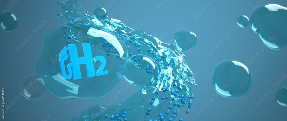 H2 Tankstelle Symbol in der Flüssigkeit mit Wasserstoffmolekülen - obrazy, fototapety, plakaty 
