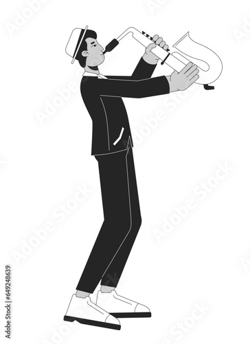 Jazz saxophone player black and white cartoon flat illustration. Indian adult man playing musical instrument 2D lineart character isolated. Saxophonist musician monochrome scene vector outline image