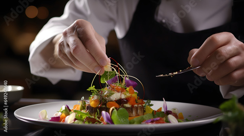Close-up shot of a expert chef plating a gourmet dish in high-end restaurant delicately arranging the ingredients with culinary finesse