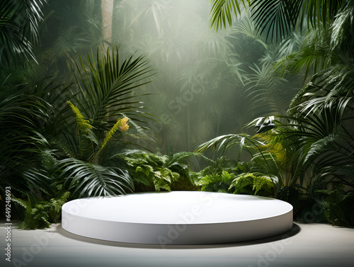 White round stone podium podest with tropical green leaves, modern product presentation concept