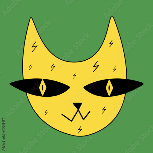 Vibrant groovy style vector illustration of funky cat. Colorful graphic design for print, logo, poster, decoration element. Simplest hand drawn style sticker, patch. Trendy kitty with lightning bolt.