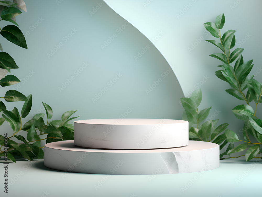 White round stone podium on green background with green leaves, modern product presentation White round stone podium on green background with green leaves, modern product presentation