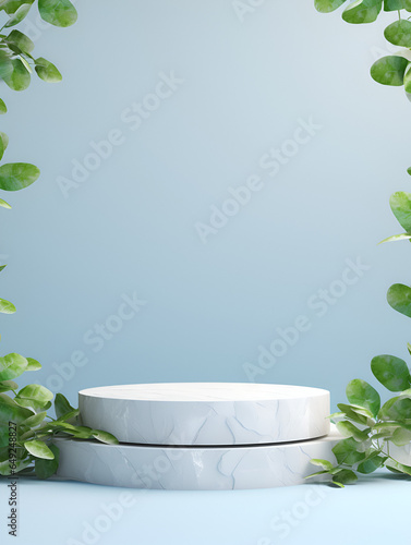 White round stone podium on blue background with green leaves, modern product presentation