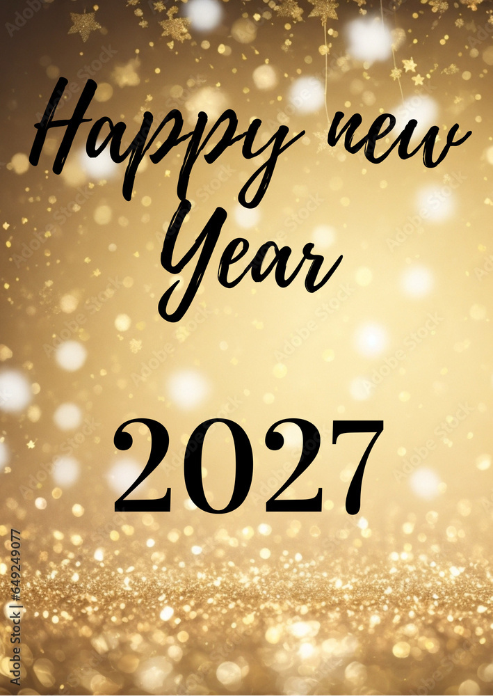 Fototapeta premium Happy New Year 2027 – golden glitter festive background with sparkling lights and elegant typography