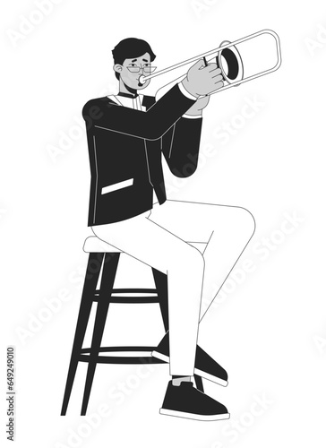 Jazz trumpet player black and white cartoon flat illustration. Arab adult man trompette musicien 2D lineart character isolated. Male orchestra musician trumpet monochrome scene vector outline image