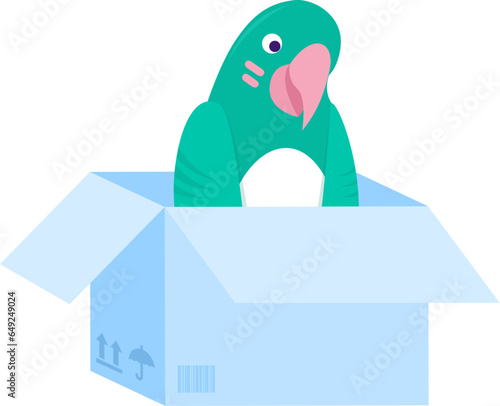 Small adopt tropical parrot sits in cardboard box for birthday gift. Homeless parrot. Pets and animals care concept. Vector cartoon illustration isolated on white back