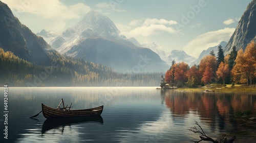 A boat is docked at a lake in front of a mountain rang photo