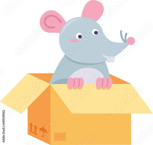 Small adopt gray rat sits in cardboard box for birthday gift. Homeless mouse. Pets and animals care concept. Vector cartoon illustration isolated on white background