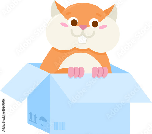 Small adopt red hamster sits in cardboard box for birthday gift. Homeless guinea pig. Pets and animals care concept. Vector cartoon illustration isolated on white back