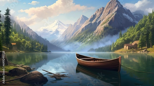 A boat is docked at a lake with mountains in the backg photo