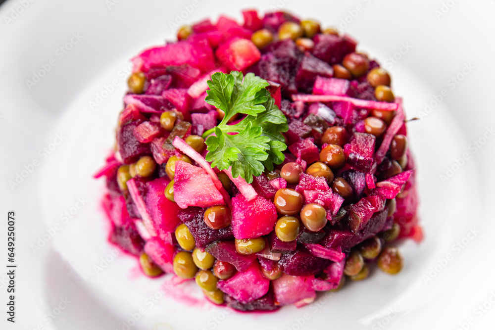 beet salad vegetables peas, carrots, potatoes, onions, pickled cucumber appetizer meal food snack on the table copy space food background rustic top view keto or paleo diet vegetarian vegan food beet salad vegetables peas, carrots, potatoes, onions, pickled cucumber appetizer meal food snack on the table copy space food background rustic top view keto or paleo diet vegetarian vegan food