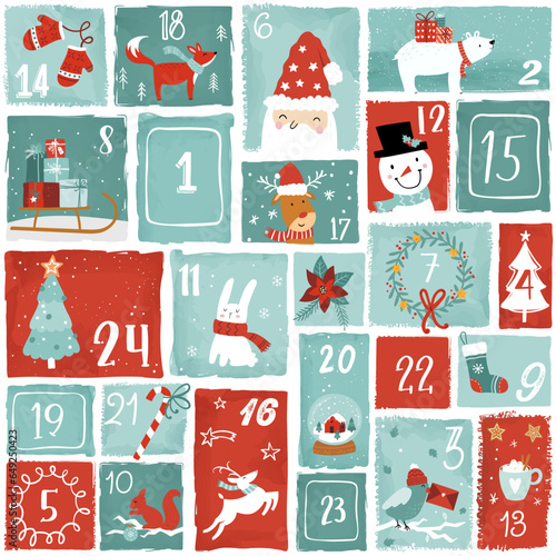 Cute hand drawn Christmas advent calendar. Lovely doodle drawings, vector design