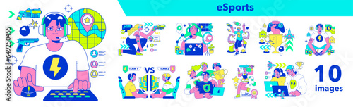 E-sports set. Character playing video games, fighting over the championship