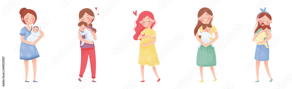 Happy Woman Mother Cuddling Her Kids Vector Set Happy Woman Mother Cuddling Her Kids Vector Set