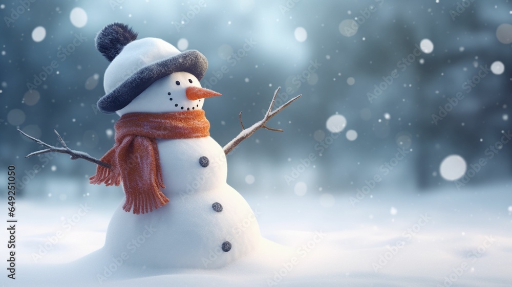 A funny snowman dressed in a gray  and scarf. Happy  snowman  in winter landscape. Christmas and New Year background