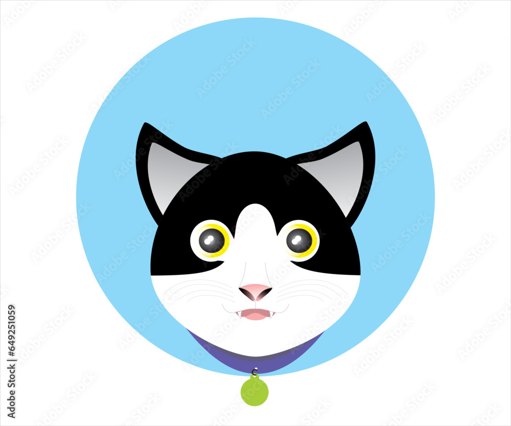 Fototapeta premium illustration of a cat's head with a collar, with a blue circle background