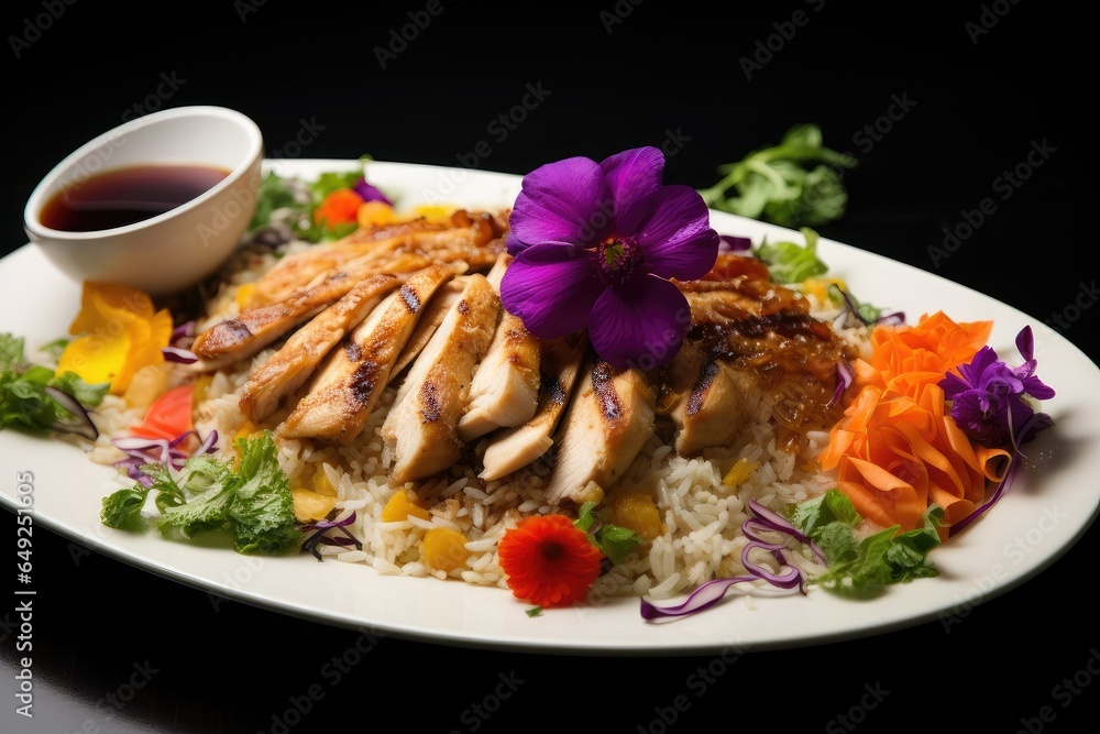 Grilled chicken with rice and vegetables on a plate, Black background, delicious chicken rice platter, decorated with flowers, temptations, meal Grilled chicken with rice and vegetables on a plate, Black background, delicious chicken rice platter, decorated with flowers, temptations, meal