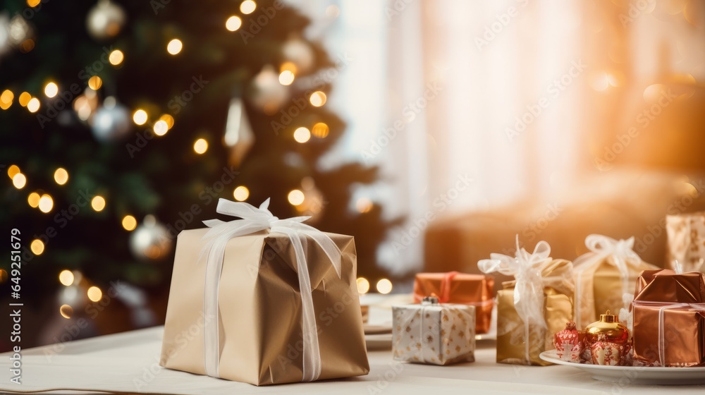 Beautiful Christmas gifts on table setting with christmas tree and bokeh Beautiful Christmas gifts on table setting with christmas tree and bokeh