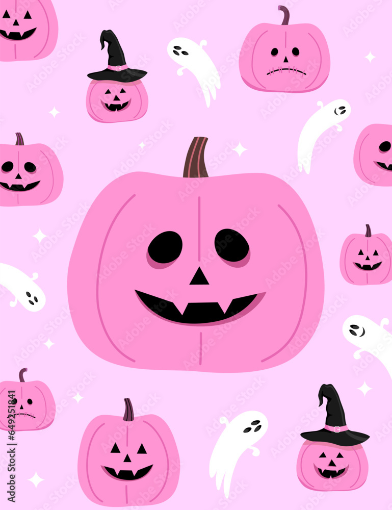 Pink pumpkins and ghost on a pink background. Vector card for Halloween. Pink pumpkins and ghost on a pink background. Vector card for Halloween.