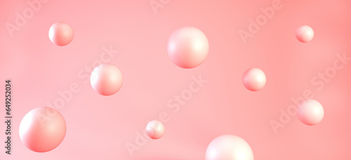3d Pink bubbles or spheres backdrop. Pink balls on coral background. Abstract surreal realistic 3d render, banner design.