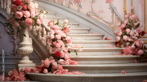 Stairs adorned with a pink and red roses