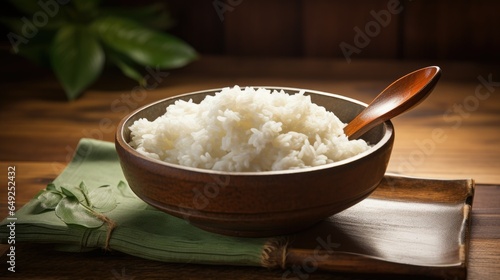A bowl of rice with a spoon and spoon on a wooden