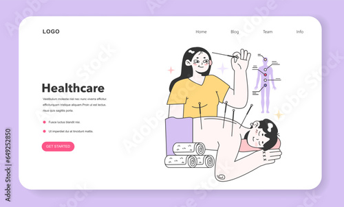 Acupuncture web banner or landing page. Needle therapy, asian alternative