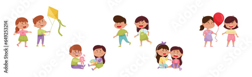 Happy Friendly Children Characters Playing Together Vector Set