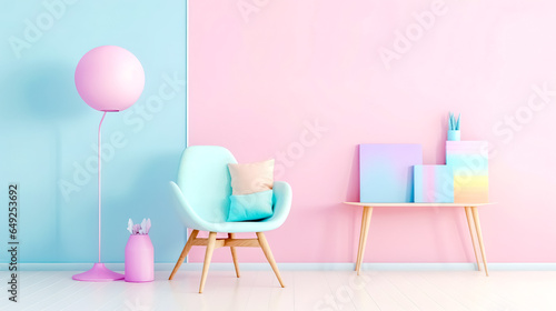 a room in pastel colors with a minimalist design, an armchair, a table and a lamp