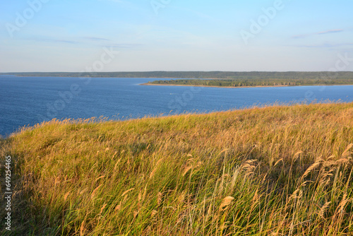 hill with dry yellow grass and blue river on horizon copy space