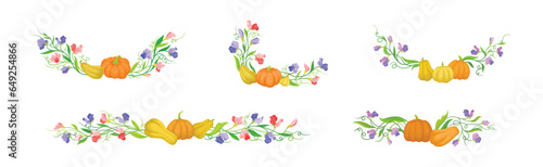 Floral Border Composition of Pumpkin and Purple Flower with Stem and Tendril Vector Set