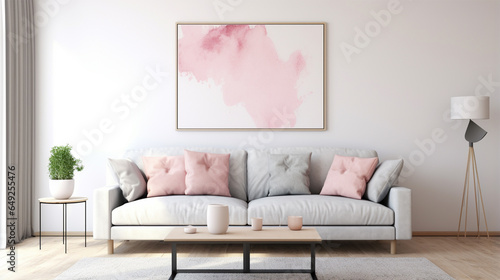 Grey sofa with pink pillows and blanket. Generative AI