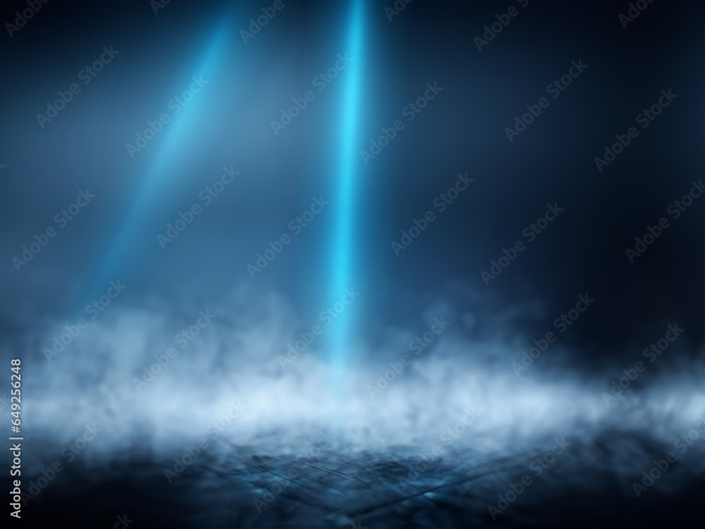 Dark street, wet asphalt, reflections of rays in the water. Abstract dark blue background, smoke, ai technology