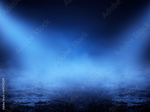 Dark street, wet asphalt, reflections of rays in the water. Abstract dark blue background, smoke, ai technology